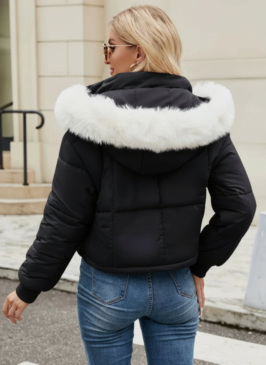 Chic Cropped Puffer Jacket with Detachable Faux Fur Hood Feminé Luxé