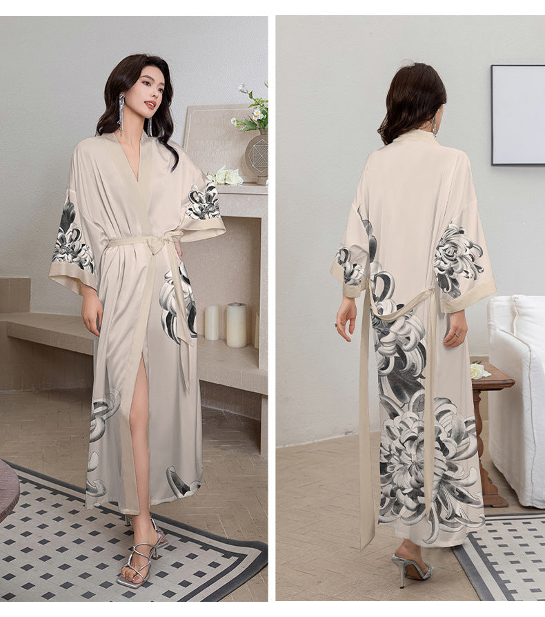 Elegant Printed Satin Maxi Kimono Robe | Luxurious Night Gown Feminé Luxé