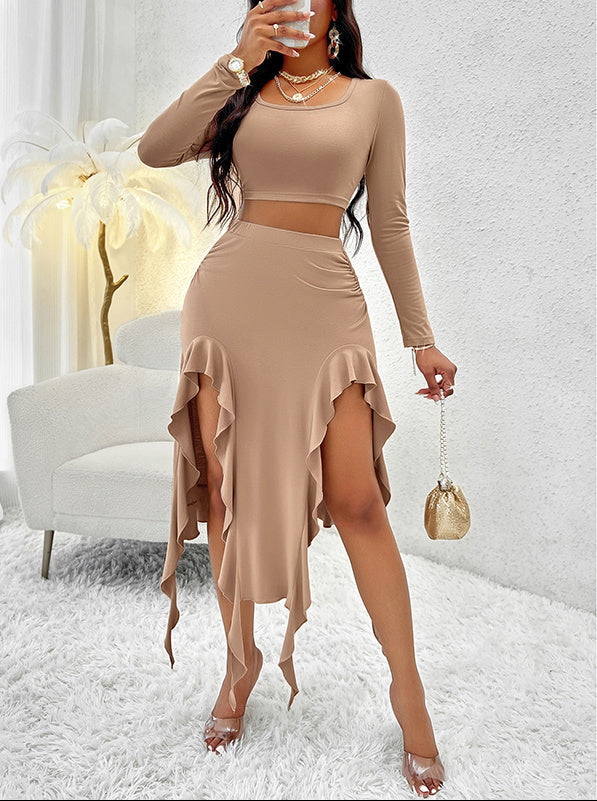 Luxe Long Sleeve Crop Top & Asymmetric Slit Skirt Set – Neon Party Chic Feminé Luxé