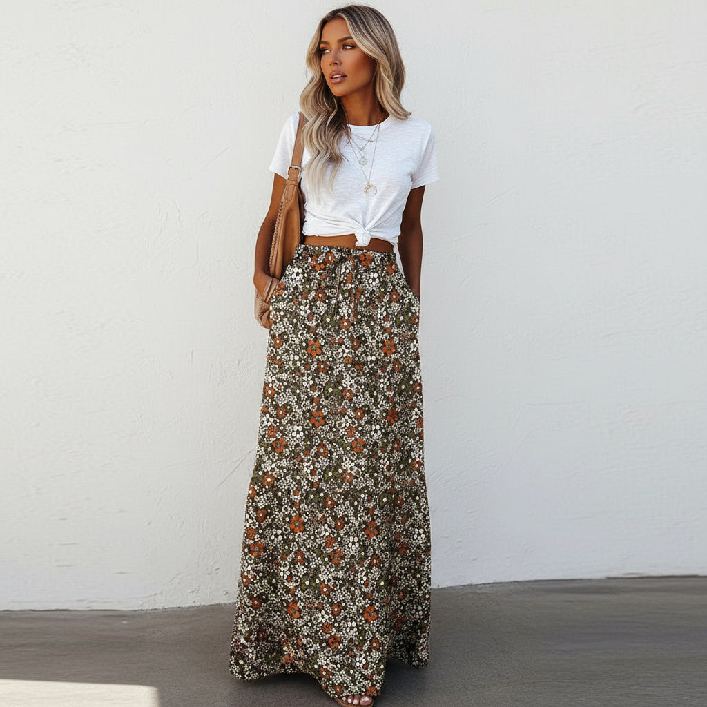 The Bohemian Resort Tiered Maxi Skirt | High-Rise & Hand-Printed Look Feminé Luxé
