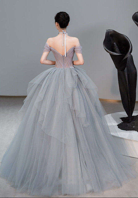 Elegant Off-Shoulder Gray Tulle Princess Ball Gown Feminé Luxé
