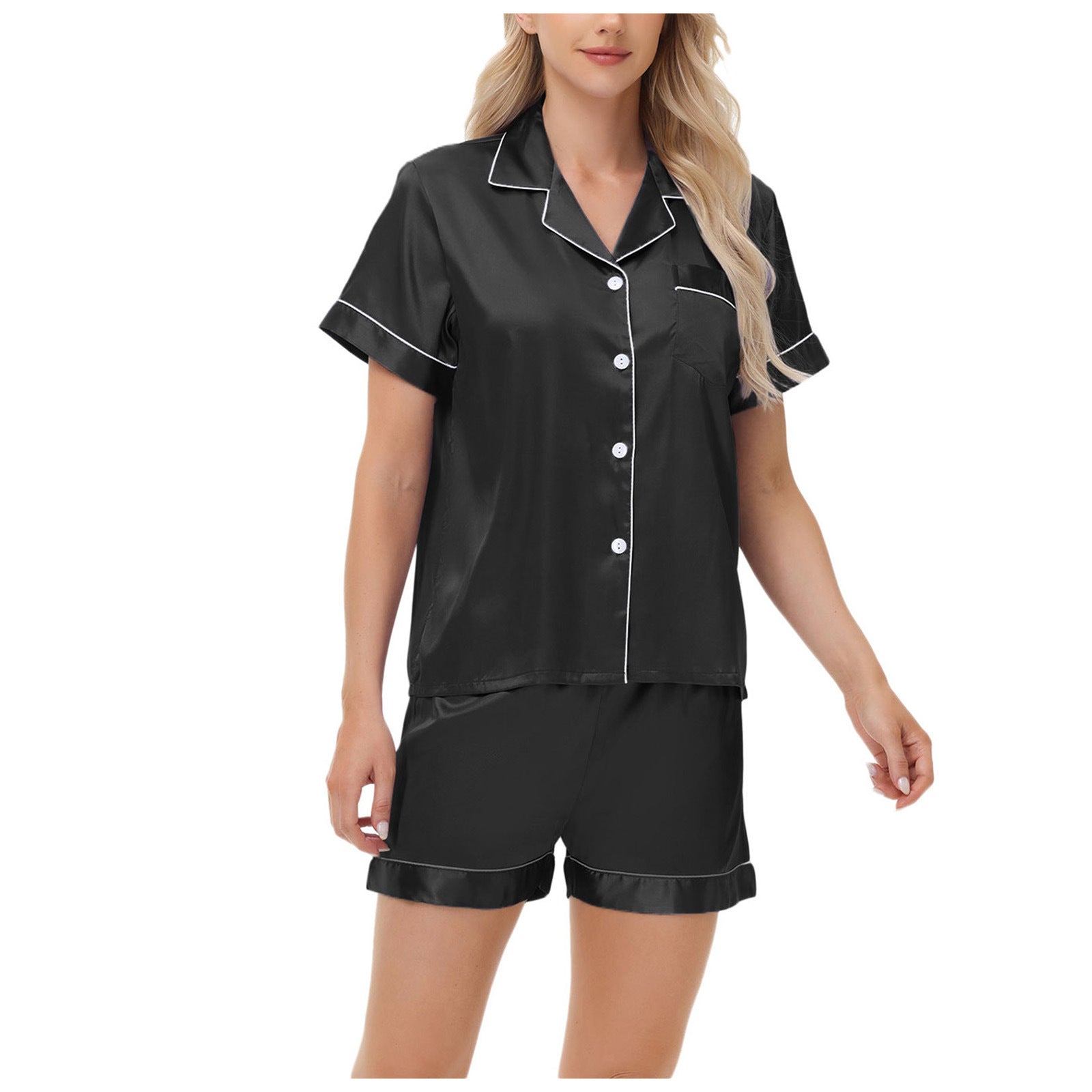 Effortless Silky Satin Pajama Set - Short Sleeve Top & Long Pants Loungewear Feminé Luxé