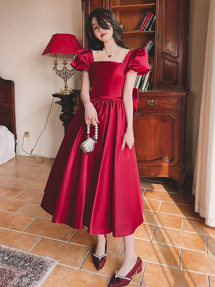 Winter Wine Red Princess Satin Dress Feminé Luxé
