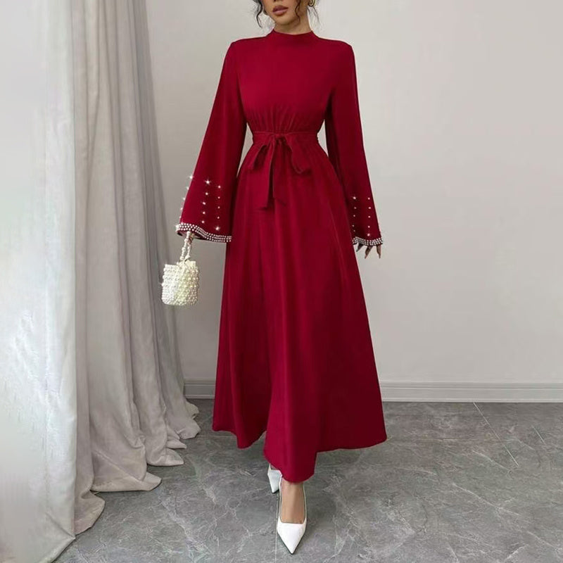 Elegant High-Neck Maxi Gown | Long Sleeve Embellished Belt Event Dress Feminé Luxé