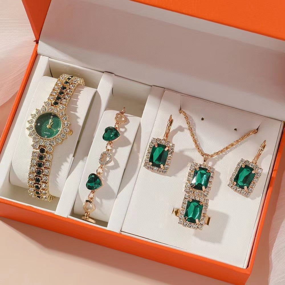 5-Piece Emerald Green Quartz Watch & Full Accessory Gift Set Feminé Luxé