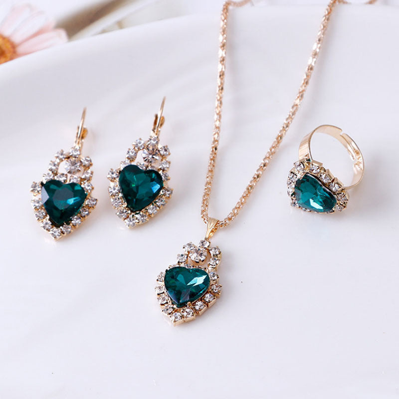 Elegant Water Drop Green Rhinestone Necklace, Earrings & Ring Set (3-Piece) Feminé Luxé