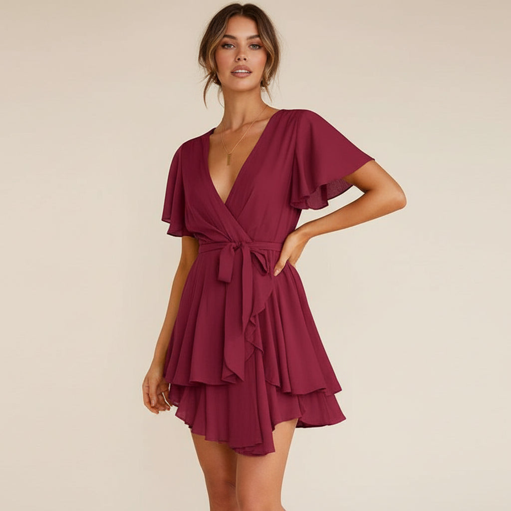 Emerald Green V-Neck Flowy Mini Dress Feminé Luxé