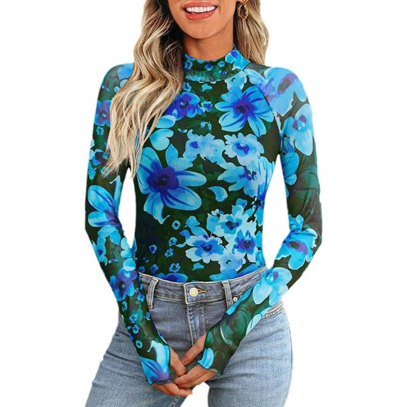 Floral Mesh Illusion Top – Chic Mock Neck Long Sleeve Blouse Feminé Luxé