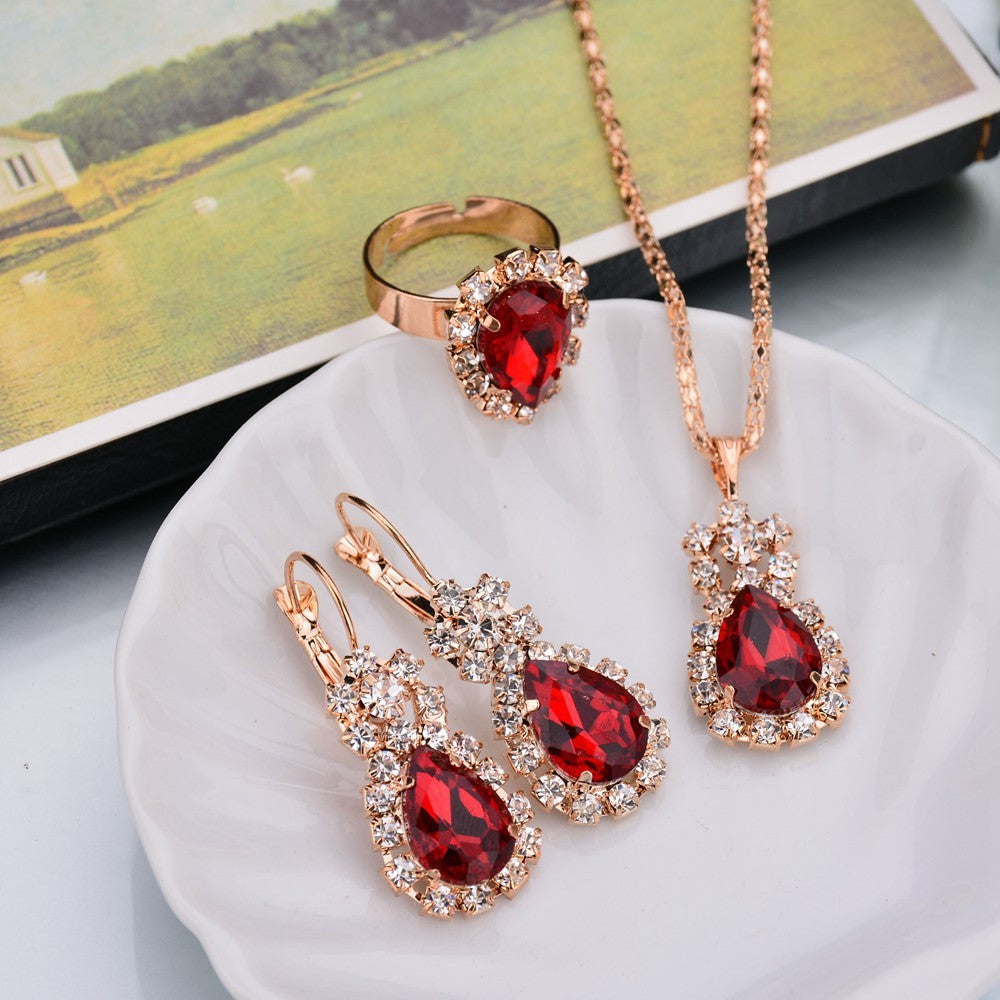 Opulent Rose Gold Ruby Teardrop Trio: Personalized Necklace, Earrings & Ring Set for High-Shine Glamour Feminé Luxé