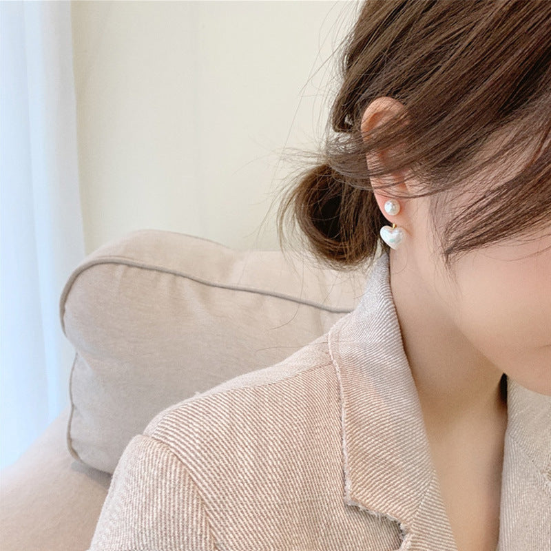 Chic Korean Style Pearl Heart Drop Stud Earrings | Electroplated Alloy with Semi-Precious Stone Inlay Feminé Luxé