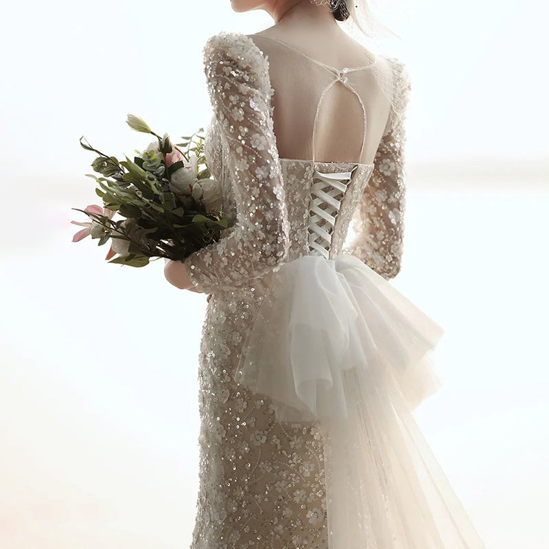 French Style Lace Fishtail Wedding Dress with Long Sleeves Feminé Luxé