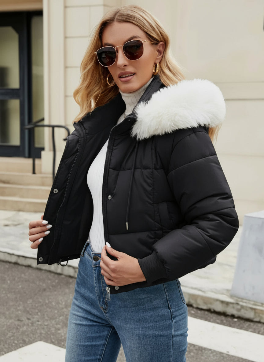 Chic Cropped Puffer Jacket with Detachable Faux Fur Hood Feminé Luxé