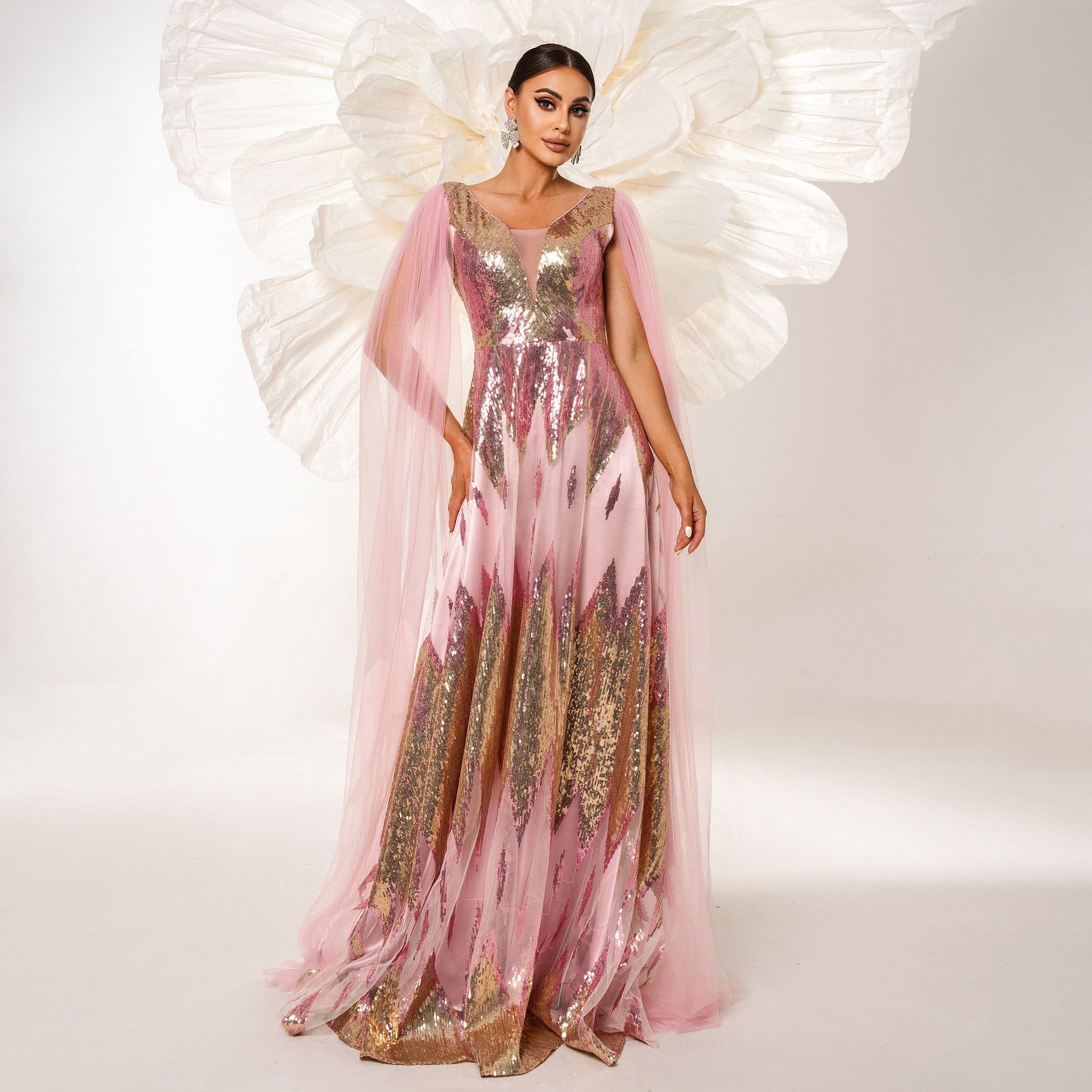 Mesh Long Sleeve V-Neck Sequins Swing Evening Gown Feminé Luxé