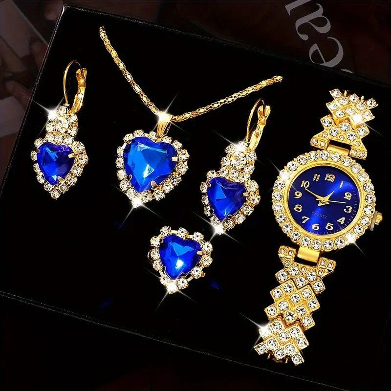 Luxurious 4-Piece Love Heart Crystal Watch & Jewelry Set (Red/Green/Blue) Feminé Luxé