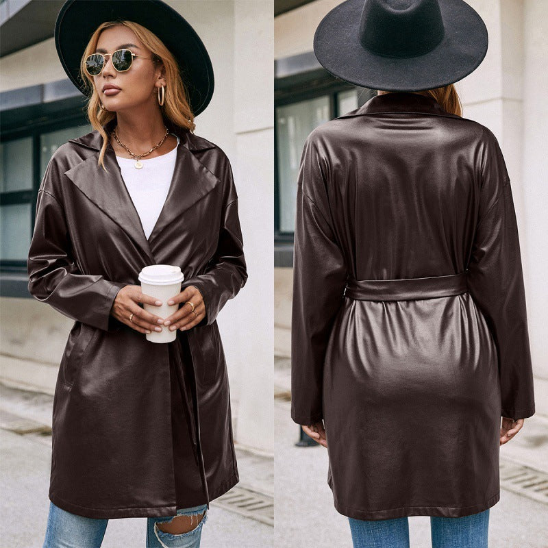 The 'Noir Luxe' Mid-Length Vegan Leather Trench Coat | Belted Wrap Style Feminé Luxé