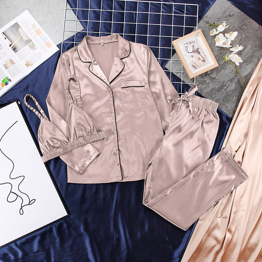 3-Piece Luxury Satin Loungewear Set: Robe, Bralette Top, and Long Pants Pajamas Feminé Luxé