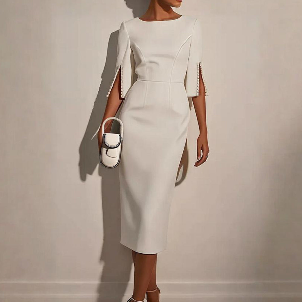 Sophisticated Long Sleeve Midi Dress with Pearl Detailing - Formal & Cocktail Wear Feminé Luxé