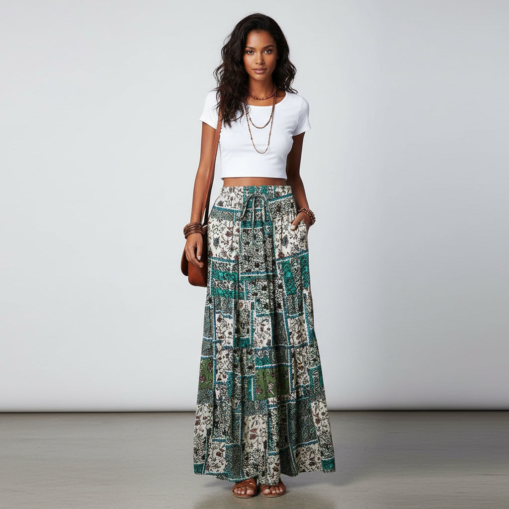 The Bohemian Resort Tiered Maxi Skirt | High-Rise & Hand-Printed Look Feminé Luxé