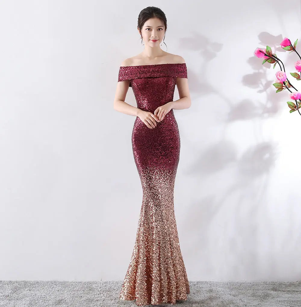 Luxury Gradient Sequin Mermaid Evening Dress – Off-Shoulder Slim Fit Feminé Luxé