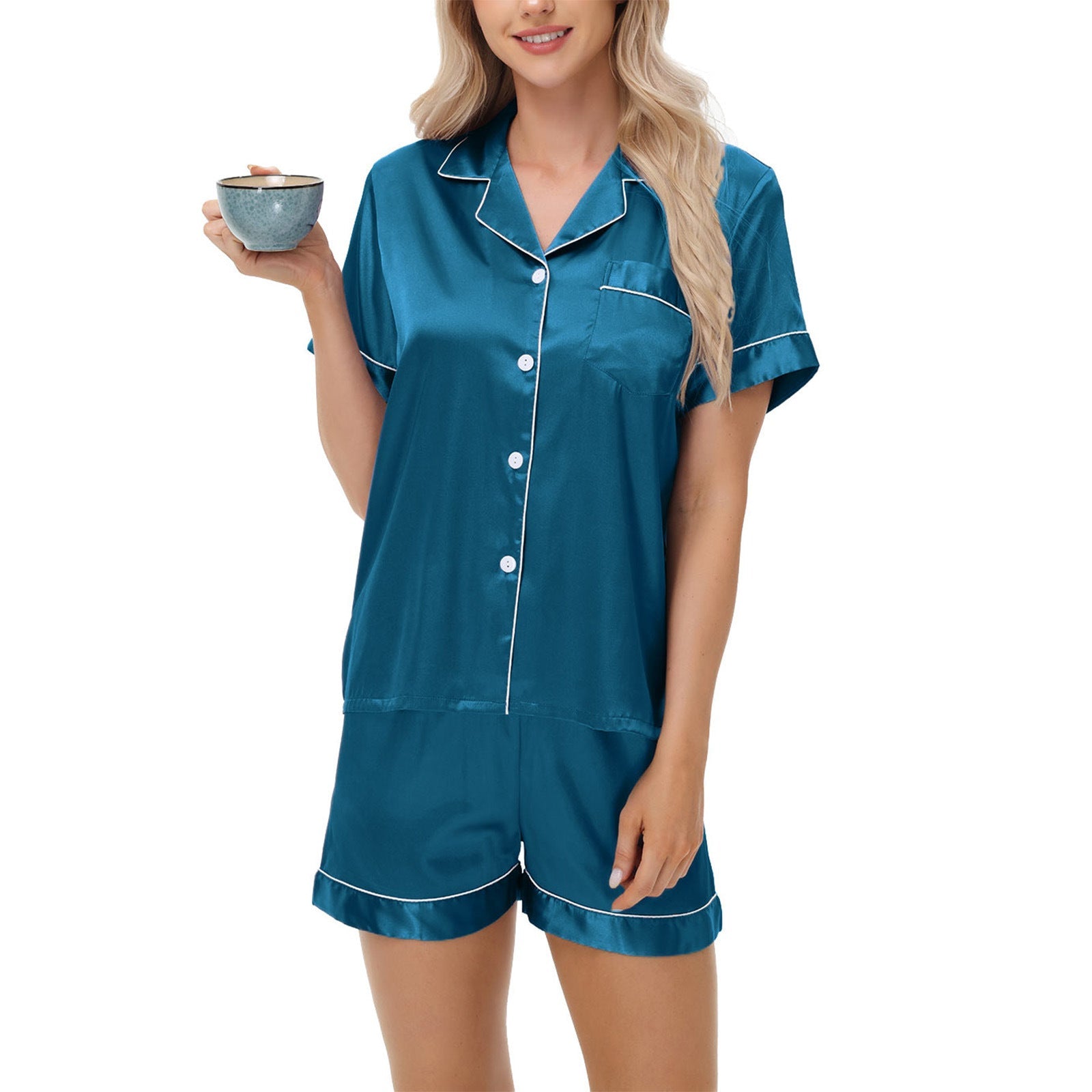 Effortless Silky Satin Pajama Set - Short Sleeve Top & Long Pants Loungewear Feminé Luxé