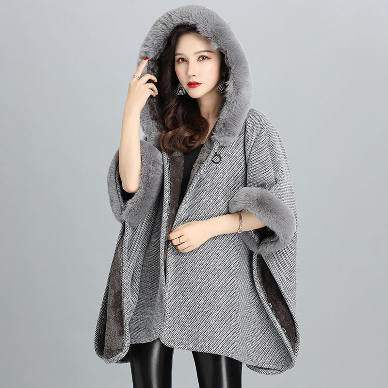 Elegant Faux Fur Trim Hooded Cape Shawl Feminé Luxé