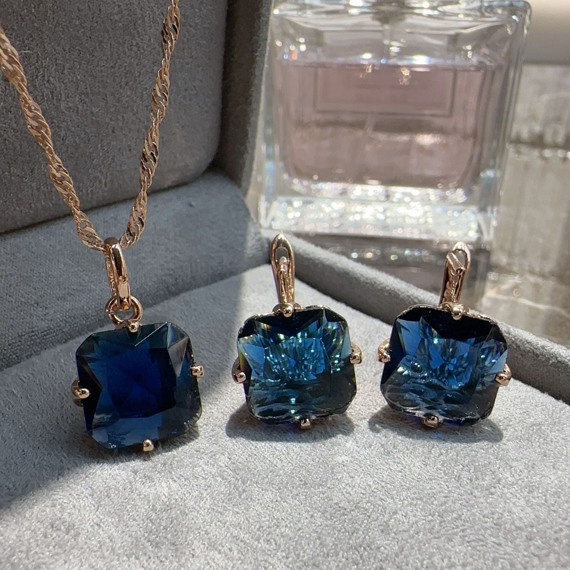 Regal Sapphire Blue Square Crystal Pendant Necklace & Dangle Earrings Set Feminé Luxé