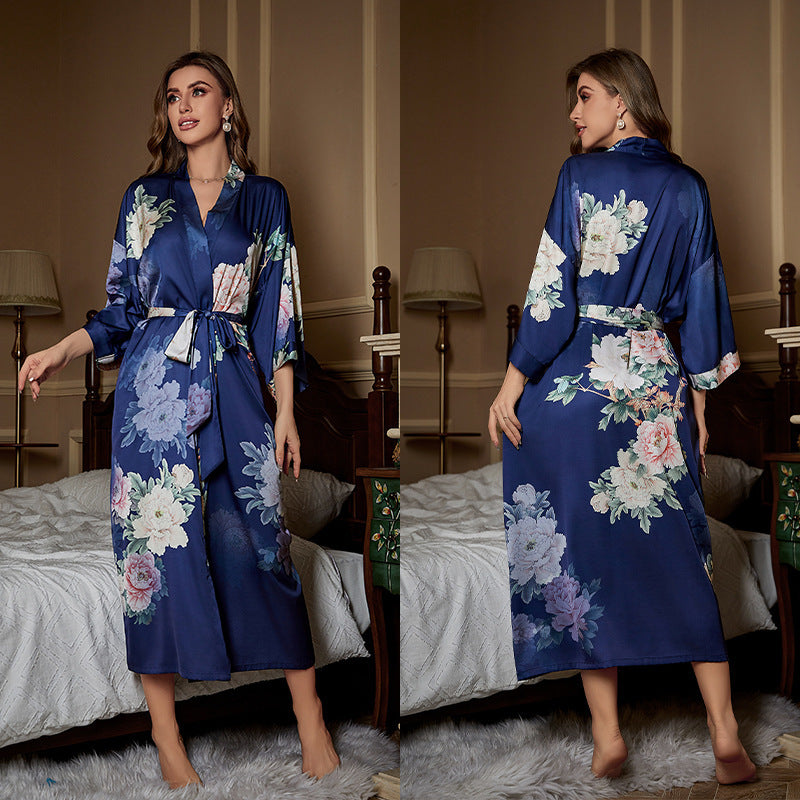 Elegant Printed Satin Maxi Kimono Robe | Luxurious Night Gown Feminé Luxé