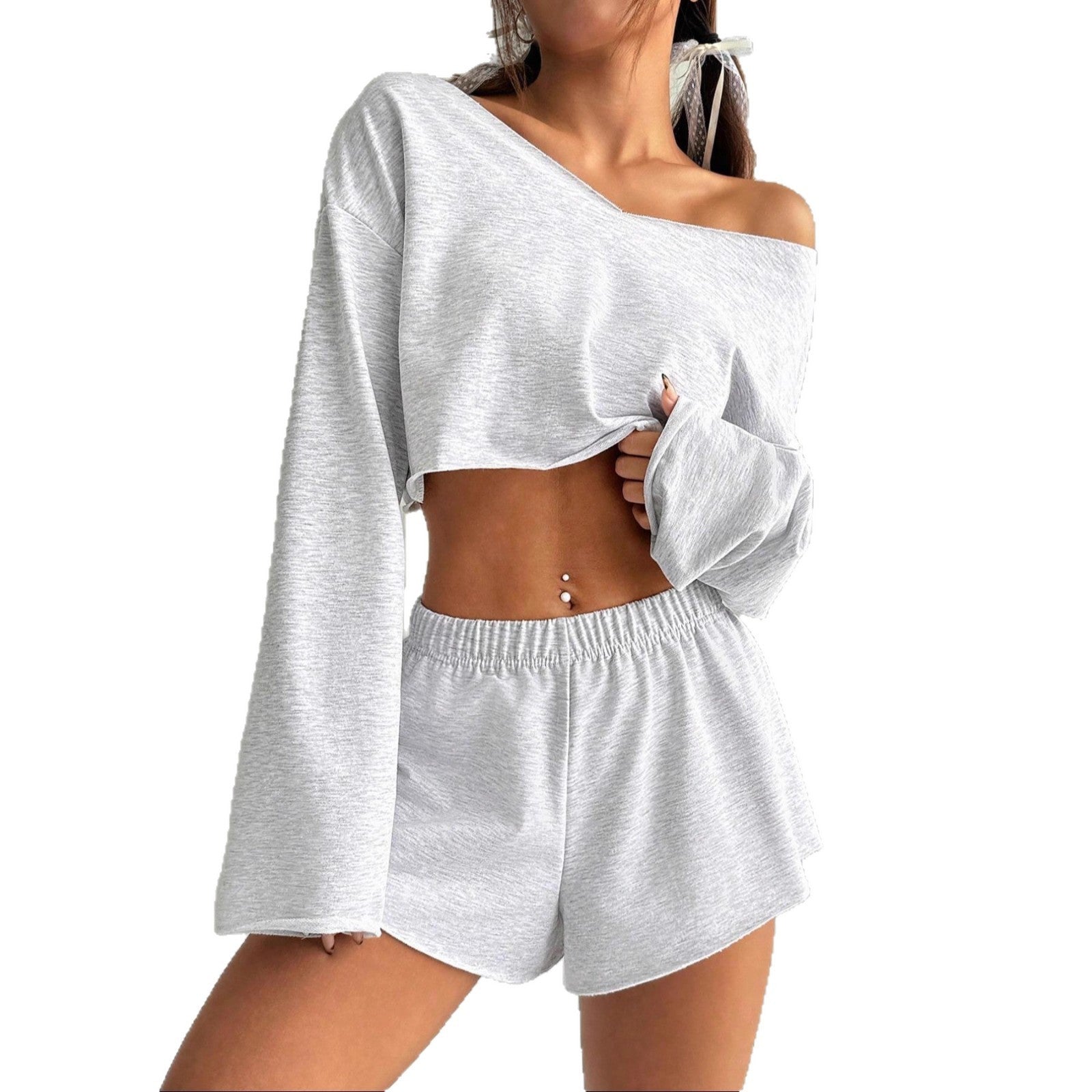 Oversized V-Neck Crop Top & High-Waist Lounge Shorts Set – The Luxe Comfort Feminé Luxé
