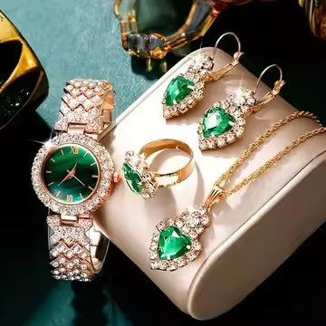Luxurious 4-Piece Love Heart Crystal Watch & Jewelry Set (Red/Green/Blue) Feminé Luxé