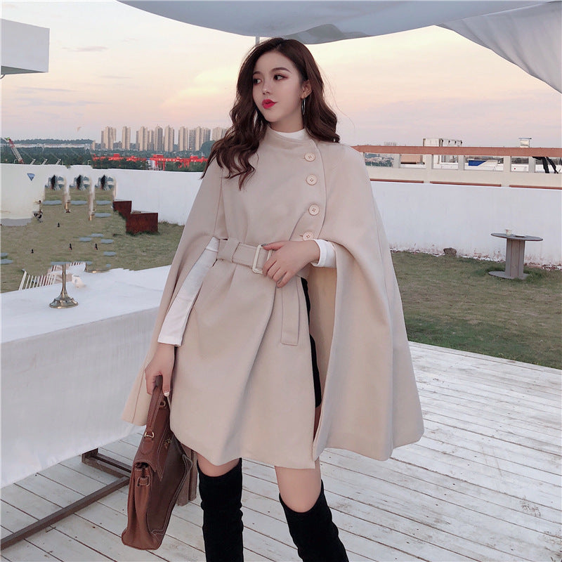 The Elegant A-Line Cape Coat: High-Neck Wool Blend Cloak Feminé Luxé