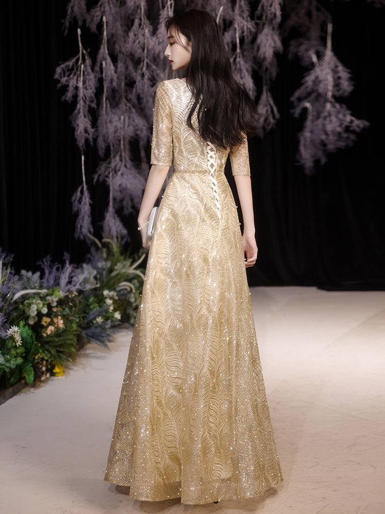 Elegant Red Lace Evening Gown with V-Neck & Half Sleeves Feminé Luxé