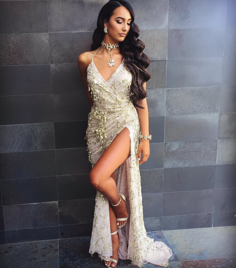 Exquisite High-Slit Sequin Halter Maxi Dress - Premium Bridal & Gala Evening Gown Feminé Luxé
