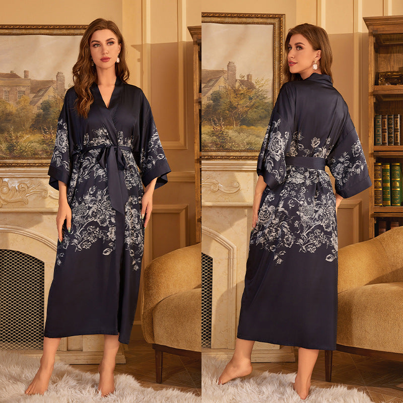 Elegant Printed Satin Maxi Kimono Robe | Luxurious Night Gown Feminé Luxé