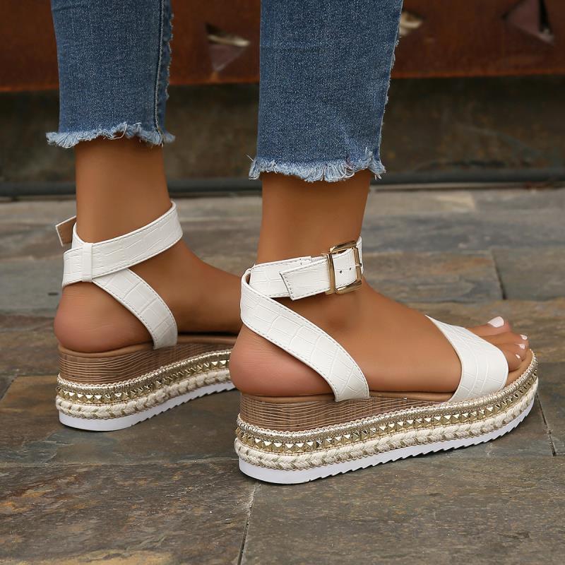 The Capri Platform Wedge: Gilded Trim Vegan Leather Peep-Toe Sandal Feminé Luxé