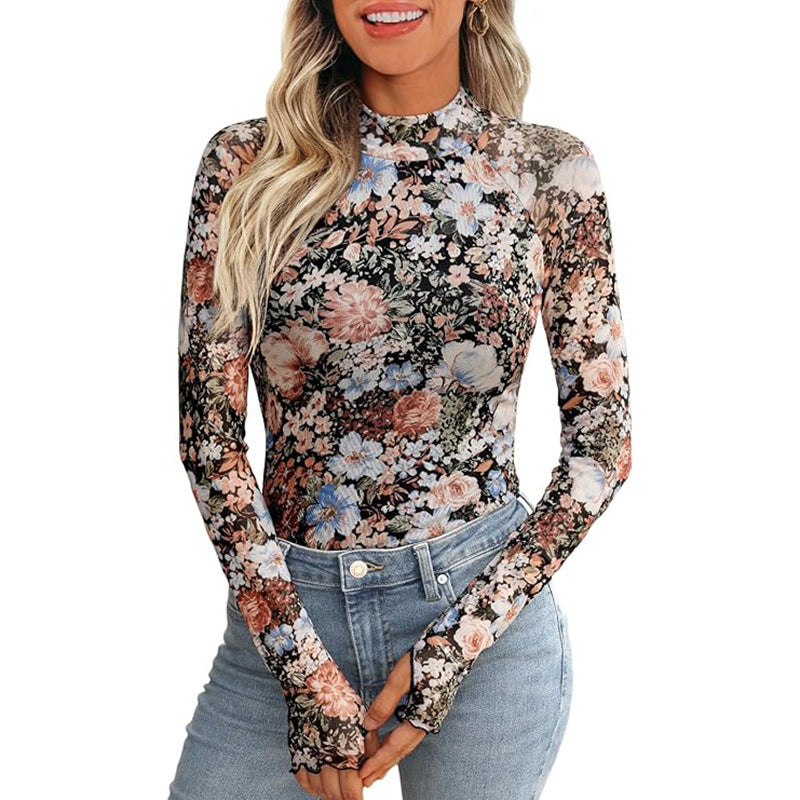 Floral Mesh Illusion Top – Chic Mock Neck Long Sleeve Blouse Feminé Luxé