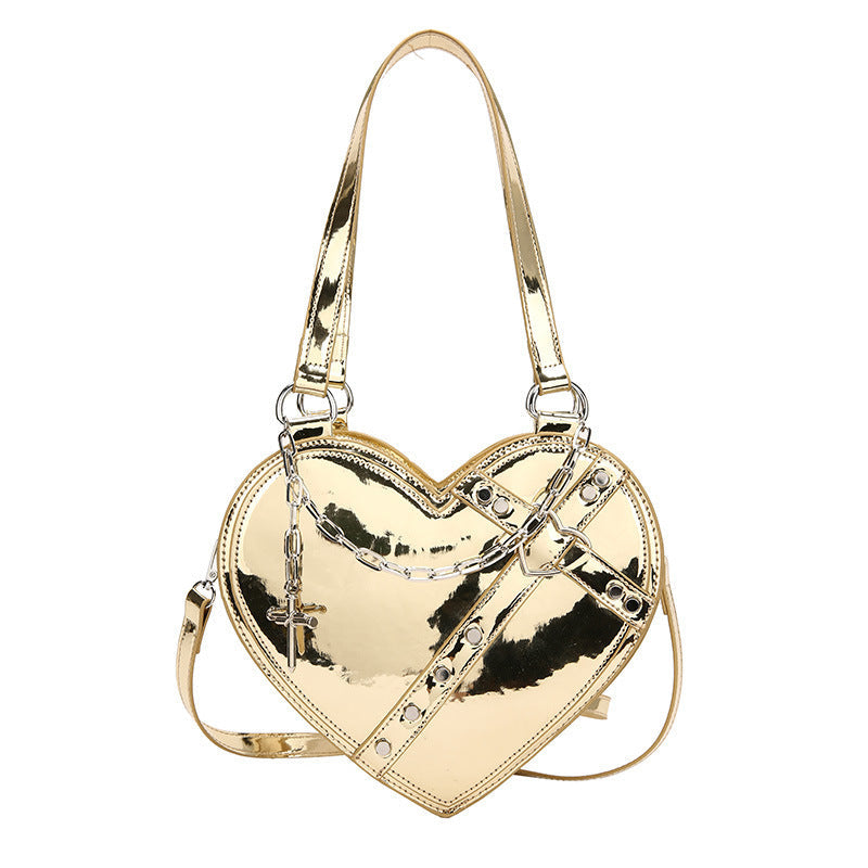 Edgy Chain Heart-Shaped Shoulder Bag – Patent Finish Evening Crossbody Feminé Luxé