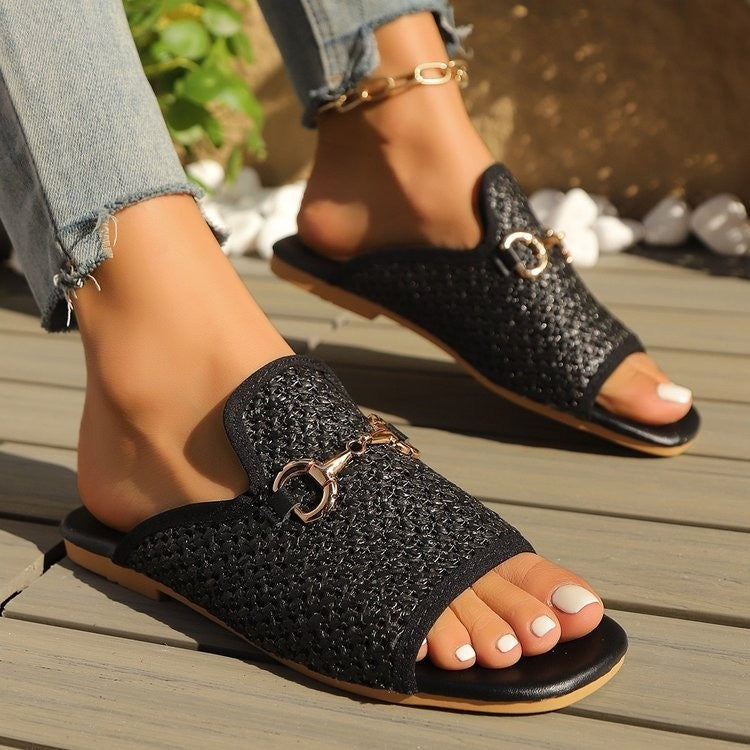 The 'Riviera' Woven Mules with Signature Gold-Toned Buckle Feminé Luxé