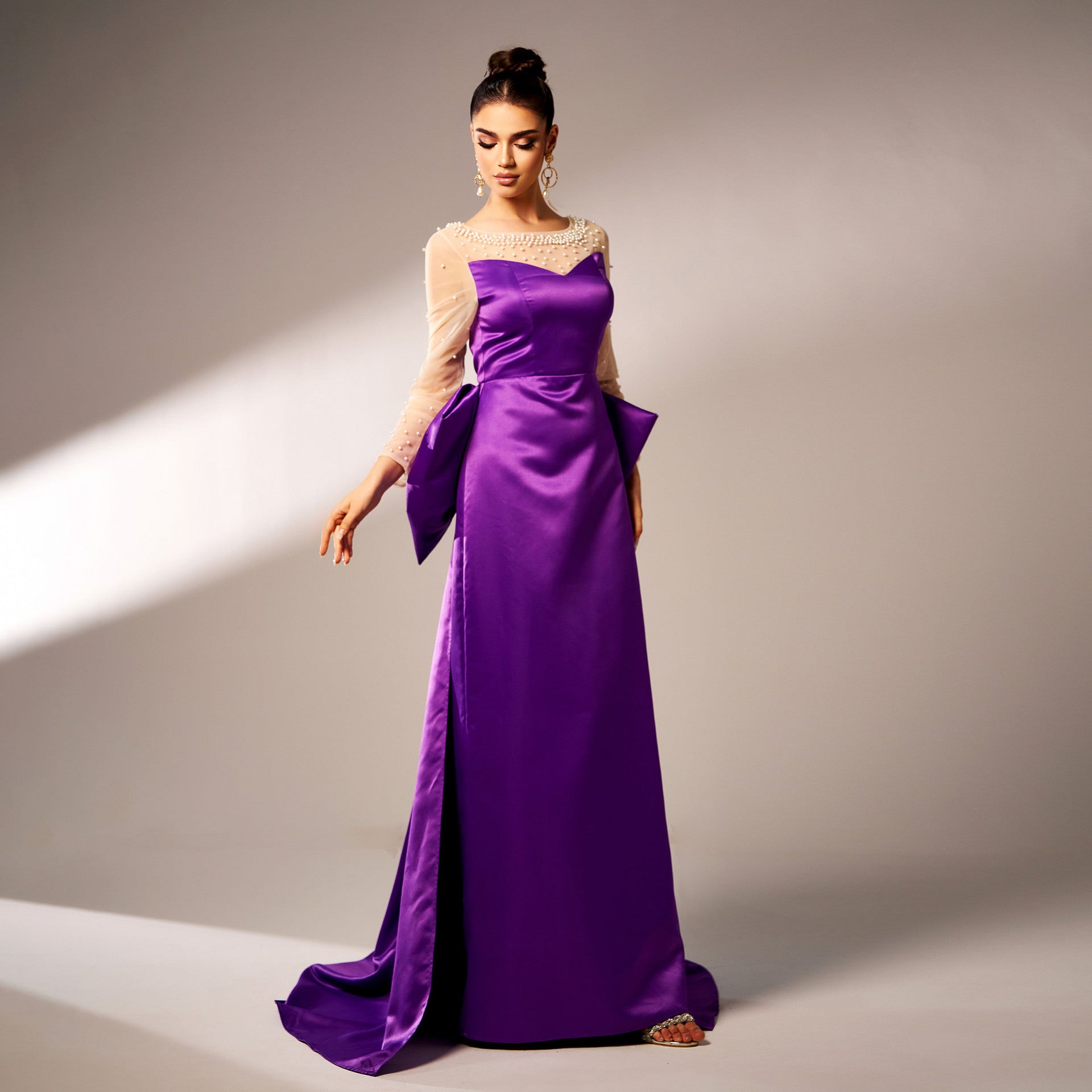 Royal Purple Long Sleeve Beaded Bow Evening Gown Feminé Luxé