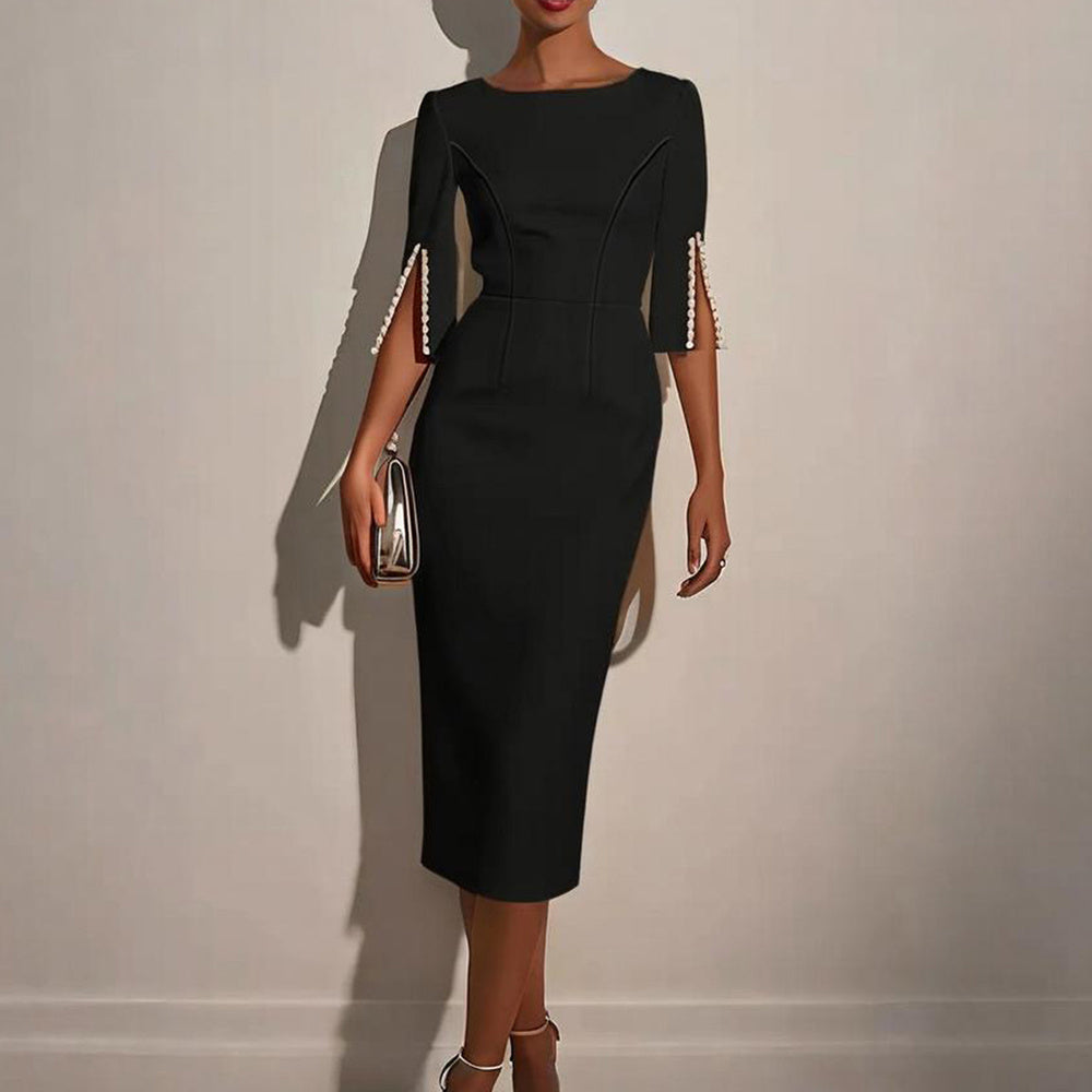 Sophisticated Long Sleeve Midi Dress with Pearl Detailing - Formal & Cocktail Wear Feminé Luxé