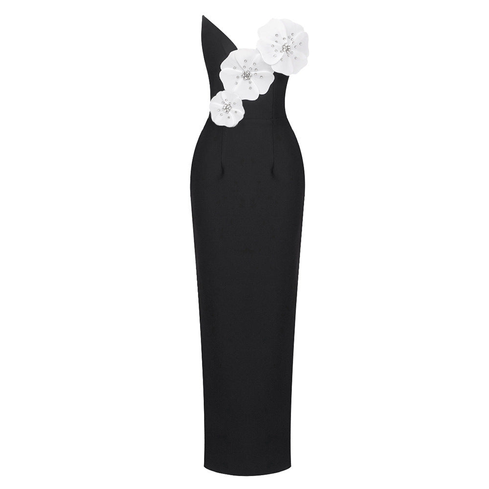 Black Backless Bandage Dress with White 3D Flower Detail Feminé Luxé
