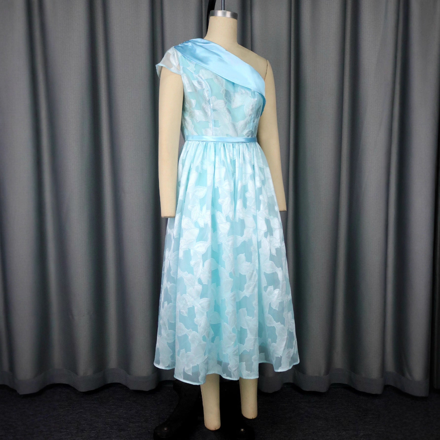 One-Shoulder Jacquard Contrast Evening Dress – Elegant Midi Banquet Gown Feminé Luxé