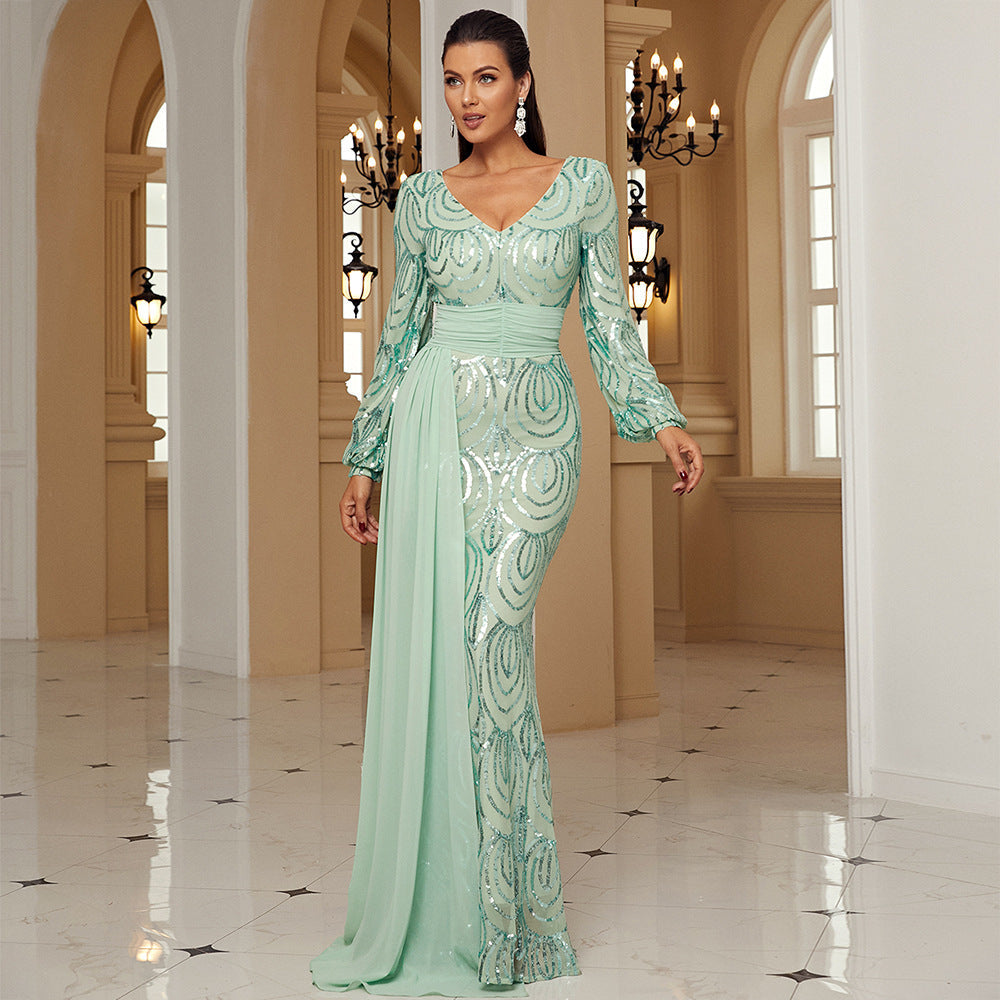 Elegant Long Sleeve Sequined V-Neck Evening Dress with Ribbon Detail Feminé Luxé
