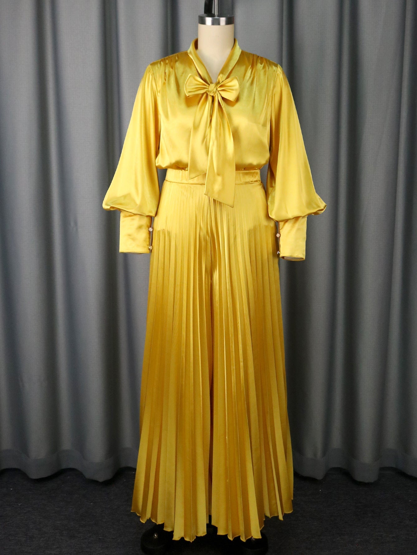 Gold Satin Bow Blouse & Pleated Wide-Leg Set Feminé Luxé