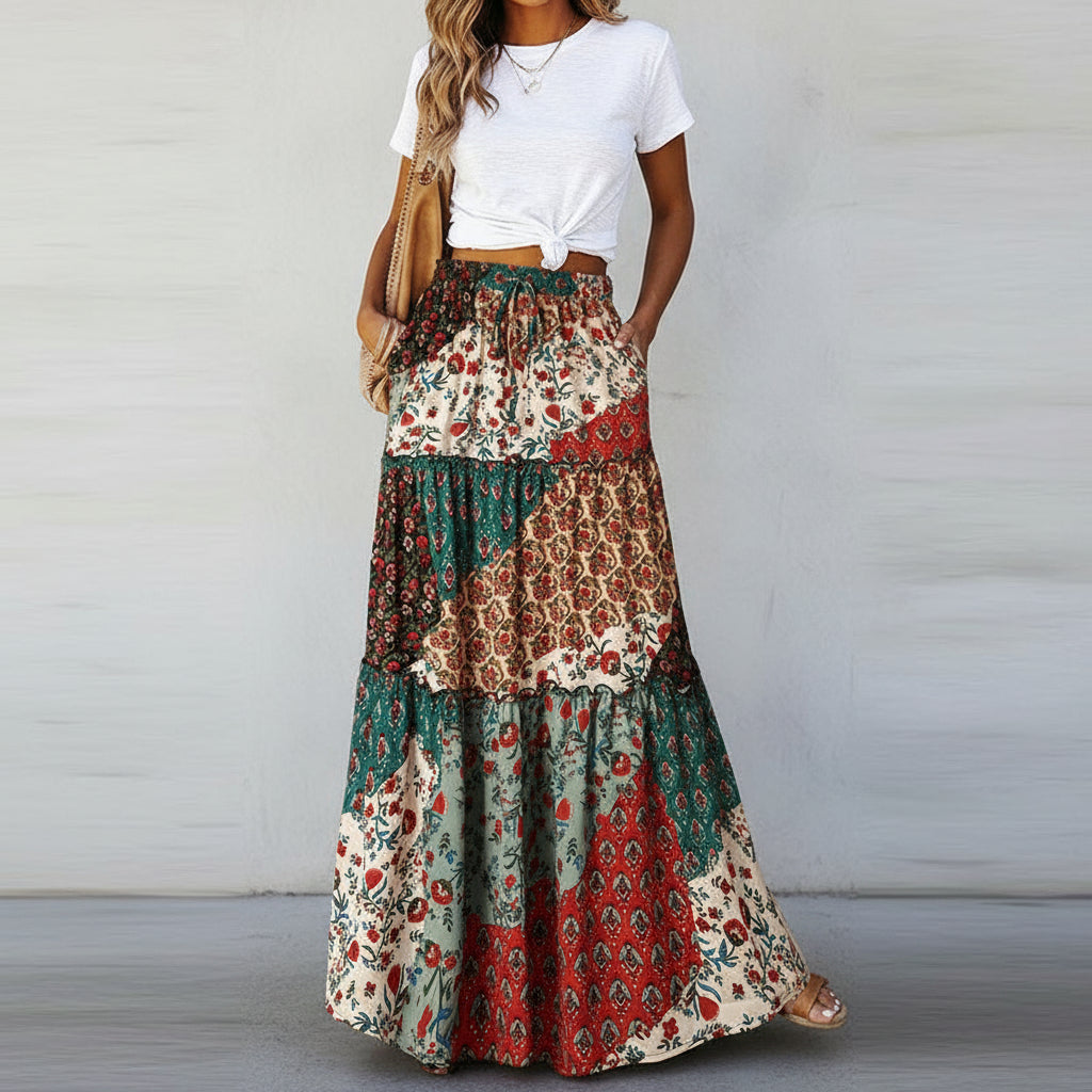 The Bohemian Resort Tiered Maxi Skirt | High-Rise & Hand-Printed Look Feminé Luxé