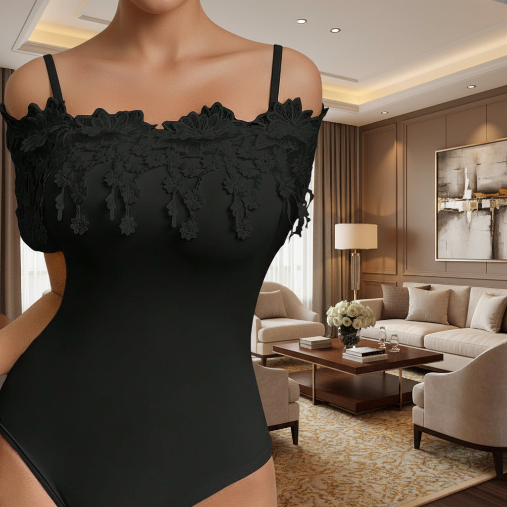Romantic Off-Shoulder Lace Trim Bodycon Bodysuit Feminé Luxé