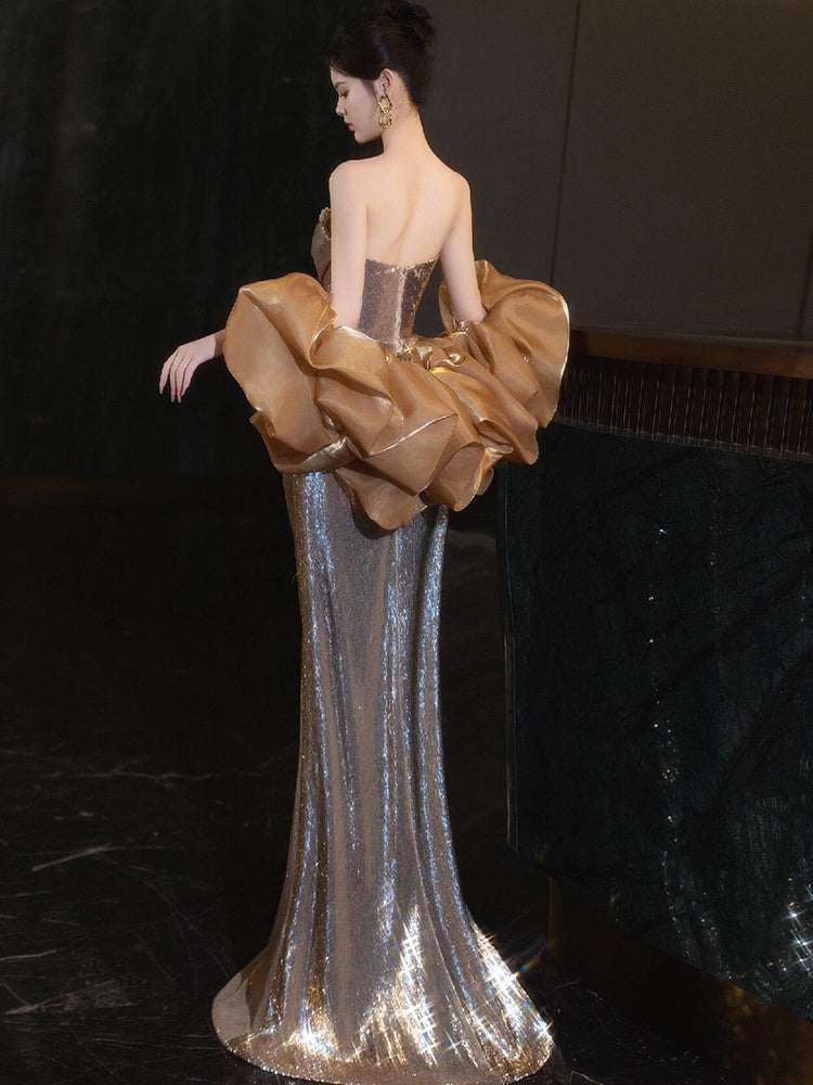 Golden Metallic Strapless Evening Gown with Dramatic Bow Feminé Luxé