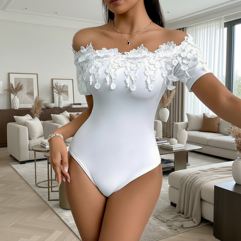 Romantic Off-Shoulder Lace Trim Bodycon Bodysuit Feminé Luxé