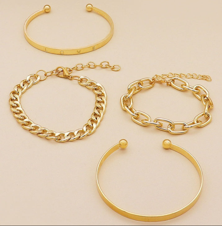 Minimalist 3-Piece Smooth Cuff & Layered Chain Bracelet Set (Gold/Silver Tone) Feminé Luxé