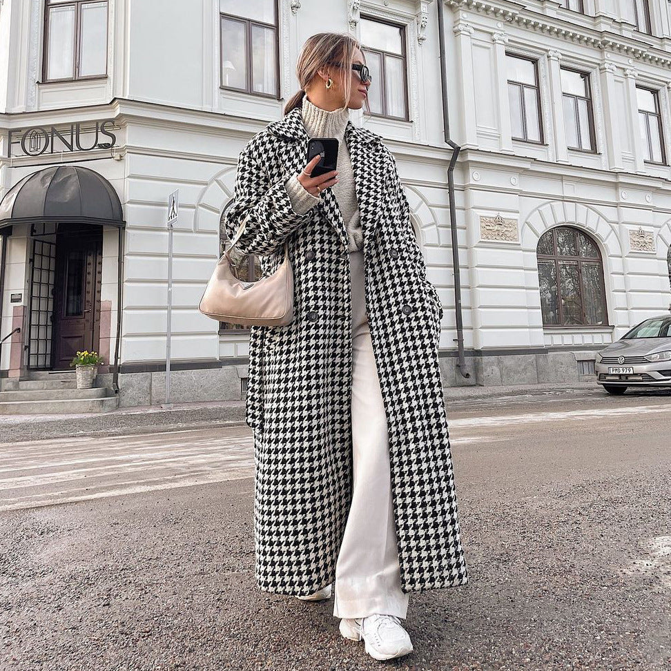 The Grande Dame Coat: Maxi Houndstooth Wool Blend Trench Feminé Luxé