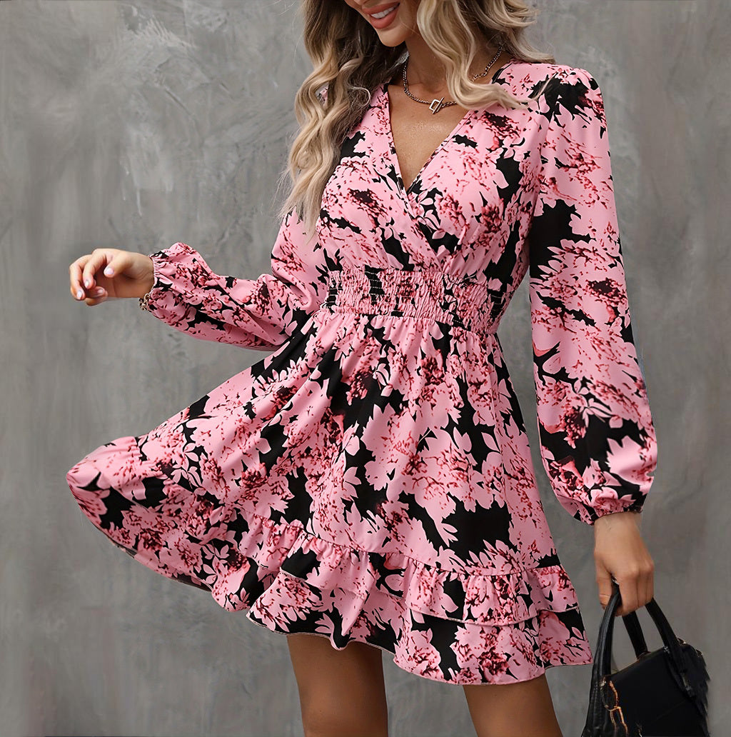 Bohemian Floral Printed V-Neck Mini Dress - Flowy Lantern Sleeve Ruffled Casual Dress Feminé Luxé